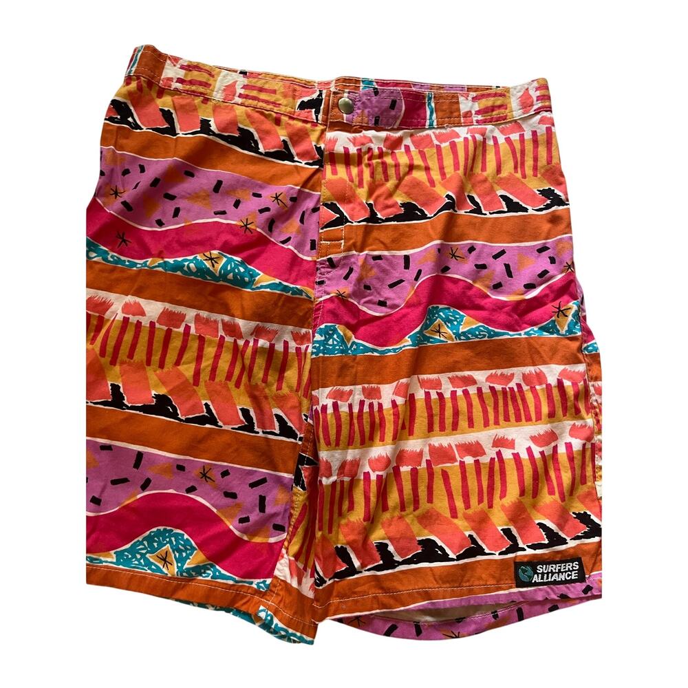 Vtg Surfers Alliance Shorts Mens 33 Split Neon Abstract Retro Surf Board Shorts